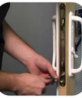 Installation of 12.5 Inch Dual Point Double Hook Sliding Glass Door Mortise Lock with 3/8 Inch Recessed Plate on a wooden door.