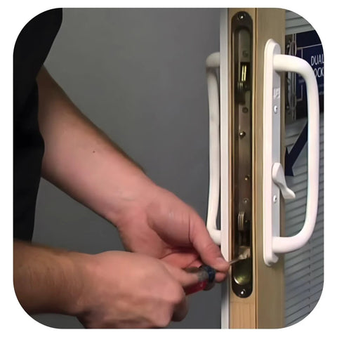 Installation of 12.5 Inch Dual Point Double Hook Sliding Glass Door Mortise Lock with 3/8 Inch Recessed Plate on a wooden door.