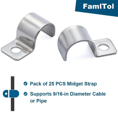 304 Stainless Steel Conduit Pipe Clamps Mounting Brackets One-Hole P-Type Clips for tube or wire cord, set of 25, image showing two clamps