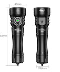 Dimensions of Four In One Dive Light For Scuba With 3600 Lumen Floodlight, IP68 waterproof, shown from front and back view.