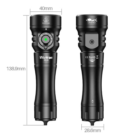 Dimensions of Four In One Dive Light For Scuba With 3600 Lumen Floodlight, IP68 waterproof, shown from front and back view.