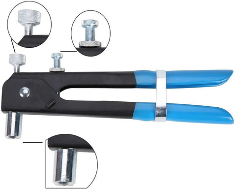 Threaded Rivet Nut Setter Insert Tool Kit 86 Pcs Workhorse Heavy Duty Hand Riveter with blue handles and detailed inserts