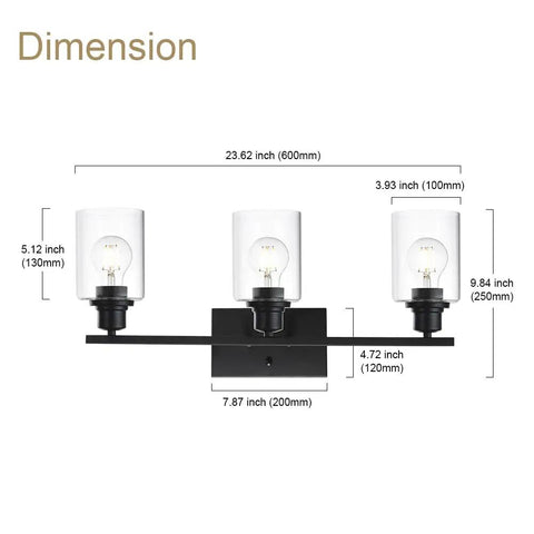 Dimensions of Three Light Matte Black Bathroom Vanity Light With Clear Glass Shades Anti Rust Modern Wall Lamp 23 Inch Fixture