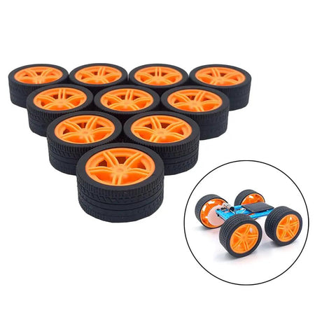 10 Piece Model Car Wheel Set With Rubber Tires And Five Round Shaft Axles For DIY RC Cars Trucks Robots And Helicopters In Bright Yellow