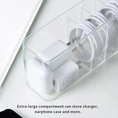 Charger Cable Cord Storage Organizer Set 2 Pack No Lid Easy Cable Tidy showing enlarged compartments with chargers and cords.