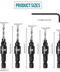 5 Piece Countersink Drill Bit Set For Woodworking With Hex Shank High Speed Steel Counterbore Bits For Five, Six, Eight, Ten, And Twelve Screw Sizes Includes L Wrench sizes displayed.