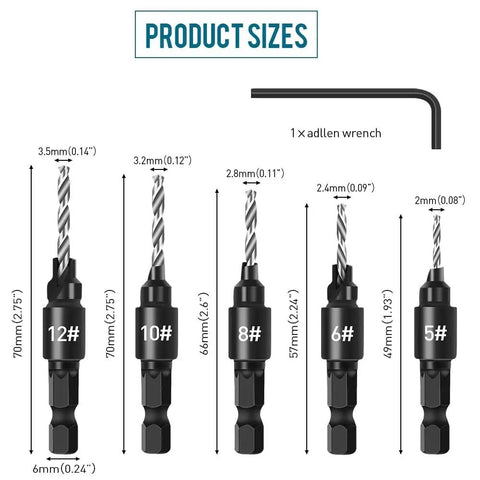 5 Piece Countersink Drill Bit Set For Woodworking With Hex Shank High Speed Steel Counterbore Bits For Five, Six, Eight, Ten, And Twelve Screw Sizes Includes L Wrench sizes displayed.