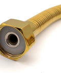 Heavy Hitter Gold Toilet Hose For Bathroom Fixtures With One Half Inch Angle Valve Connector Drip Free No Sweat Install Premium Stainless Steel Plumbing Supply 19 7 Inches Long close-up of connector end