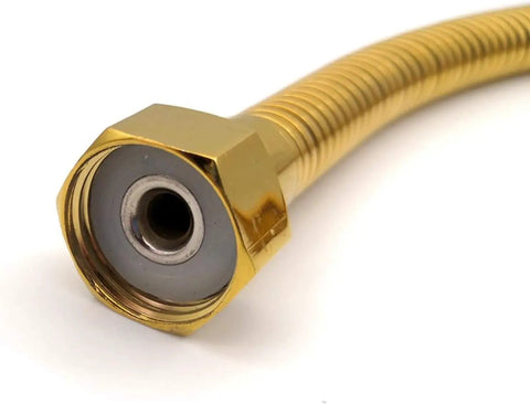 Heavy Hitter Gold Toilet Hose For Bathroom Fixtures With One Half Inch Angle Valve Connector Drip Free No Sweat Install Premium Stainless Steel Plumbing Supply 19 7 Inches Long close-up of connector end