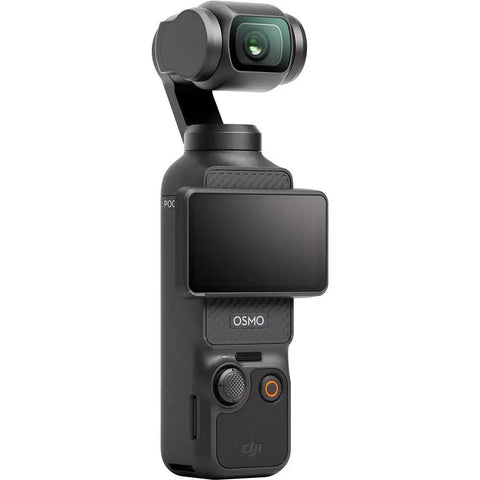 Pocket 3 Vlog Ready Camera With 4K Resolution And 3 Axis Stabilization Fast Autofocus Face And Object Tracking 128GB Card Wireless Microphone System Accessories Bundle Software And More Renewed, front view of 4K stabilized camera with gimbal and screen