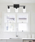 Three Light Matte Black Bathroom Vanity Light With Clear Glass Shades Anti Rust Modern Wall Lamp over window