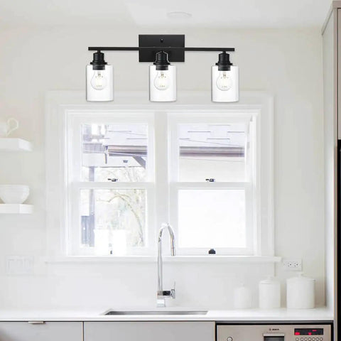 Three Light Matte Black Bathroom Vanity Light With Clear Glass Shades Anti Rust Modern Wall Lamp over window