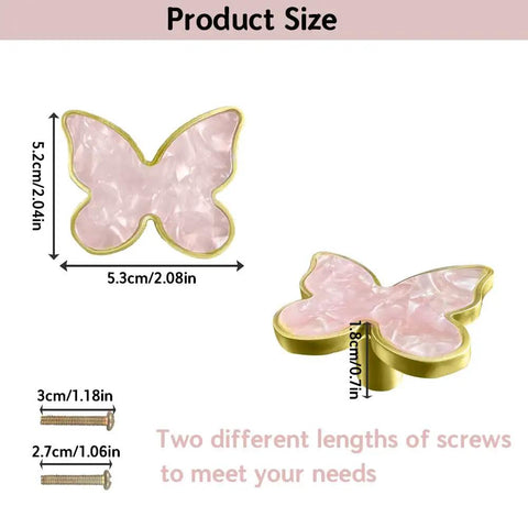 Pink Butterfly Shape Cabinet Knob Set Six Pack Handles For Cabinets, Drawers, Dressers, Zinc Alloy, 5.2x5.3cm size shown