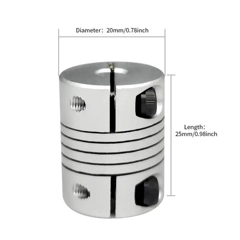 Flexible Beam Coupling 6mm To 6.35mm Bore Aluminum Shaft Coupler 25mm Length 20mm Diameter For Stepper And Servo Motors 3D Printer CNC DIY Encoder Aviation Aluminum Anodized High Precision Durable shown with size labels