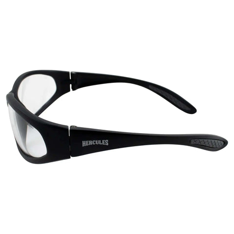 Side view of Hercules Safety Glasses with Shatterproof Lenses ANSI Z87, black nylon frame, rubber ear pads for comfort.