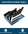 Supported power tools including 29 Pieces HSS Twist Drill Bit Set Featuring Black And Gold Finish Jobber Length for drills.