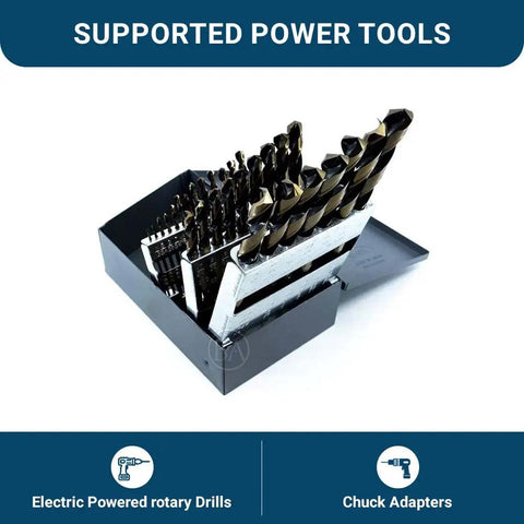 Supported power tools including 29 Pieces HSS Twist Drill Bit Set Featuring Black And Gold Finish Jobber Length for drills.