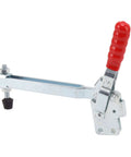 Heavy Duty Toggle Clamp For Woodworking Stainless Steel Lever Clamp With Arrow Storage Case Adjustable Opening And Lengthened Arm 20 By 16.4 By 3 Cm Pro Grade Fixture Holder For Assembly And Repair Tasks, side view showing red handle.