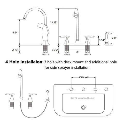 Diagram of Brushed Nickel Kitchen Faucet With Side Sprayer And High Arc Two Handle Design For 3 Or 4 Hole Sinks Includes Water Supply Line