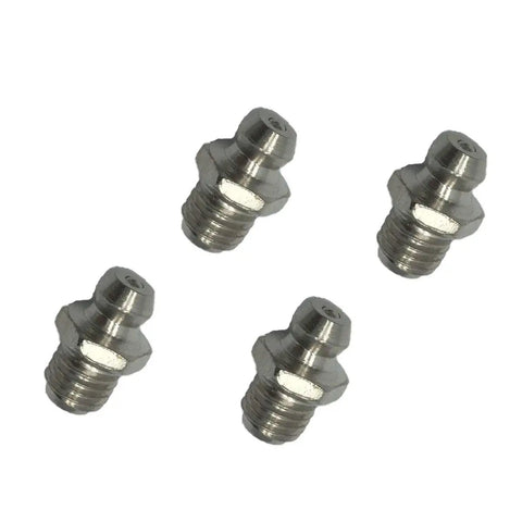 4 pieces of the 20 Piece M8 Straight Steel Zerk Grease Nipple Set With Male Thread M8X1.0 Silver Tone for hydraulic fittings and machinery.