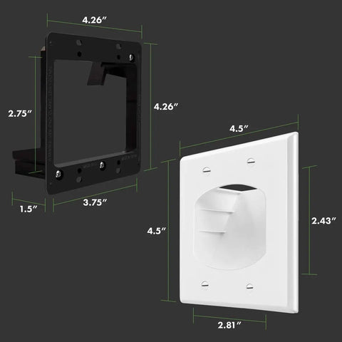 Secure Recessed Low Voltage Cable Wall Plate For Home Theater Setups Pass Through 2 Gang 4.5 By 4.5 Inches With Mounting Brackets