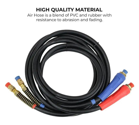 12 Foot Air Line Hose Assembly With Flexible Grips And 1/2 Inch Npt Fittings Red And Blue End Fittings Sae J1402 Type A Rubber Airbrake Hose Dual Lead Set For Semi Trucks Trailers And Tractors coiled with visible grips