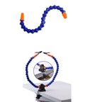 Two Arm Third Hand Soldering Station With Flexible Arms For PCB Work Non Slip Clamp shown on table, close-up of clamp detail.