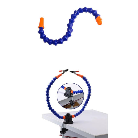Two Arm Third Hand Soldering Station With Flexible Arms For PCB Work Non Slip Clamp shown on table, close-up of clamp detail.