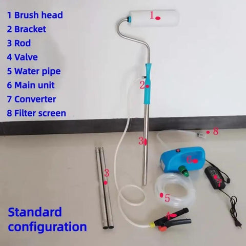 Electric Auto Feed Paint Roller System Automatic Suction Latex Paint Applicator showing components: brush head, rods, water pipe.