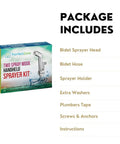 Dual Function Bidet And Diaper Sprayer For Toilet package contents with box, hose, and installation components listed.