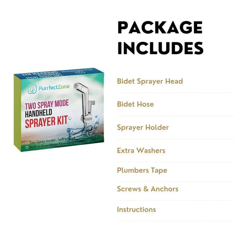 Dual Function Bidet And Diaper Sprayer For Toilet package contents with box, hose, and installation components listed.