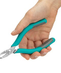 Hand holding a 5 Inch Angled Tip Cutter with Ergonomic Co Molded Grip for SMT Lead Trimming, Durable Eremadium Tool Steel, EMOS Stop.