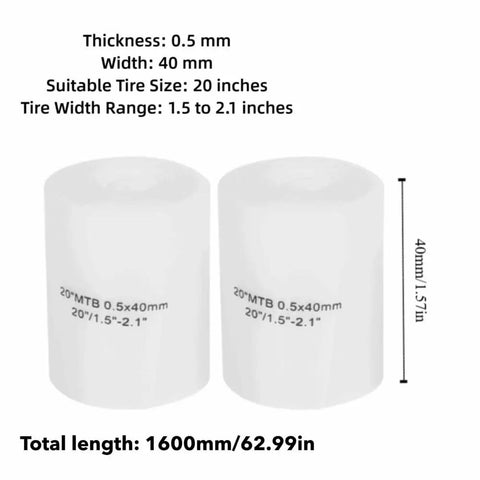 20 Inch Polyurethane Tire Liners Puncture Proof Belt For MTB And Road Bikes White 2 Pack specifications shown