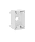 Single Gang Weatherproof PVC Electrical Box For Outdoor Use With One Half Inch Or Three Quarter Inch Threaded Conduit Outlets Two Inch Deep White