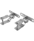Self Closing Reversible Door Hinge Set, Stainless Steel 2 Pack for Fence Gates and Barn Doors, shown with mounting hardware
