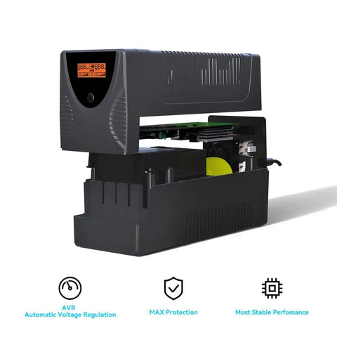 850VA 480W UPS Battery Backup and Surge Protector with LCD Display and AVR Regulation shown open with internal components visible.
