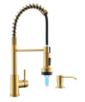 Gold Kitchen Faucet with Soap Dispenser and Pull Down Sprayer, Three Color LED Temperature Light, Single Hole Mount