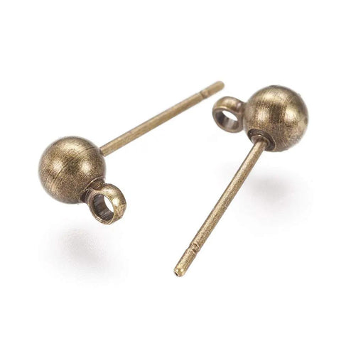 Antique Bronze Round Ball Post Stud Earrings Kit, 100 Pcs Brass Ear Pins With 1mm Loop For Jewelry Making, Vintage Style DIY Jewelry Supplies, 14.5mm Length, 12mm Width, 1.2mm Hole, brass earring studs