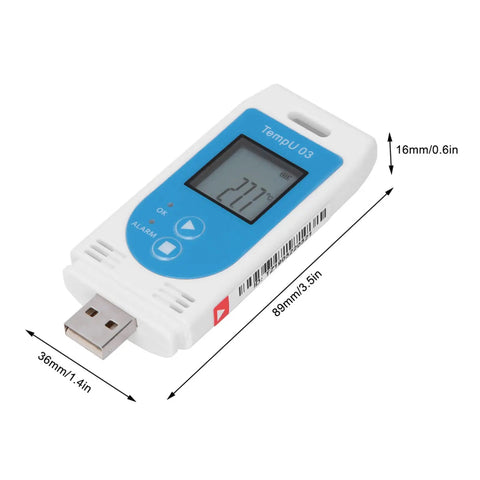 No Sweat Usb Temperature And Humidity Data Logger With Heavy Duty Memory Bank And Smooth Lcd Readout, showing temperature display and USB plug.