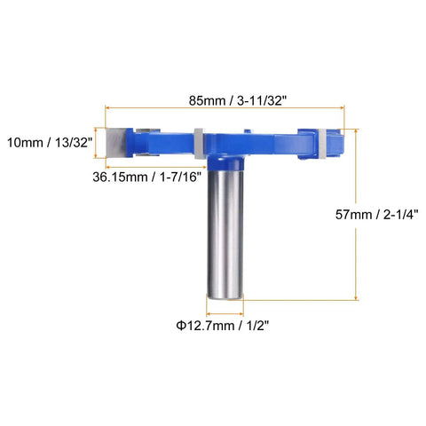 Side view of Heavy Duty Beefed Up Six Wing Carbide T Slot Cutter Rabbeting Router Bit With Twelve Point Seven Millimeter Shank And Eighty Five Millimeter Cutting Diameter Ten Millimeter Cutting Depth Fifty Seven Millimeter Overall Length Pro Grade Woodworking showing measurements.