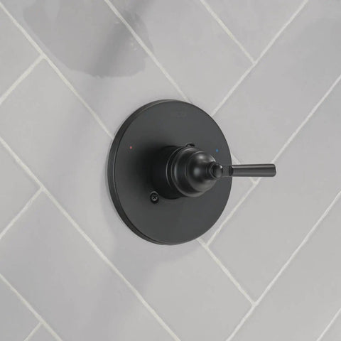Matte Black Shower Valve Trim Kit With Single Handle Upgrade For Universal Shower Valve Systems on tiled wall