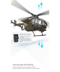 Era C180 BO-105 RC Helicopter With 6-Axis Gyro, 6CH Brushless Motor, showing one-key takeoff and landing in camouflage gray.