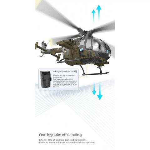 Era C180 BO-105 RC Helicopter With 6-Axis Gyro, 6CH Brushless Motor, showing one-key takeoff and landing in camouflage gray.