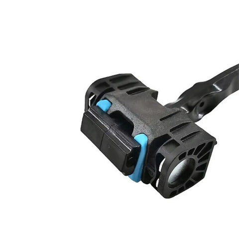 Close-up of Dodge Ram ProMaster front door hinge showing black metal and ABS construction with check strap stopper, model 2014-2021.