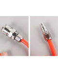 Hella Durable Coiled Air Compressor Hose Built Damn Tough With Single Layer Polyurethane And Oil Resistant Build Featuring Rock Solid Bend Restrictor Fittings And Seamless Swivel Ends That Guarantee Zero Kink Performance close-up of swivel fittings and hose ends.