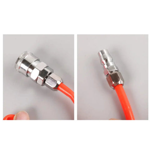 Hella Durable Coiled Air Compressor Hose Built Damn Tough With Single Layer Polyurethane And Oil Resistant Build Featuring Rock Solid Bend Restrictor Fittings And Seamless Swivel Ends That Guarantee Zero Kink Performance close-up of swivel fittings and hose ends.