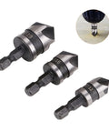 SOCOJE 3-piece countersink chamfer drill bit set, 1/4" hex shank, 12/16/19mm sizes, 5-flute for wood and metal