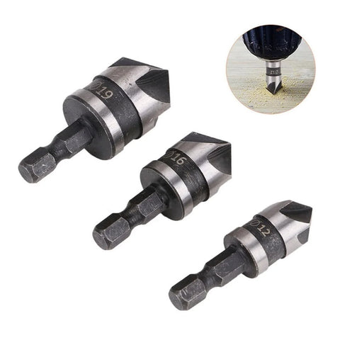 SOCOJE 3-piece countersink chamfer drill bit set, 1/4" hex shank, 12/16/19mm sizes, 5-flute for wood and metal