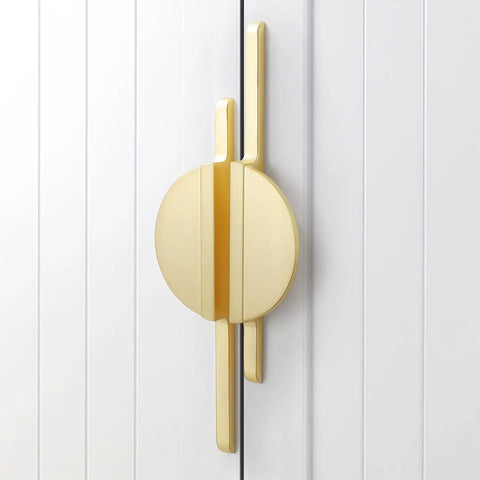 Brushed Gold Half Moon Cabinet Pulls 64mm Center to Center, 7.5 Inch Overall Length, installed on white cabinet doors