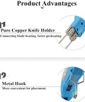 Product advantages of the 200W Electric Hot Knife Foam Cutter, highlighting pure copper knife holder and metal hook features.